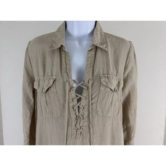 120% LINO Beige Long Sleeve Maxi Dress Lace Up Neckline Sz M - Picture 2 of 7